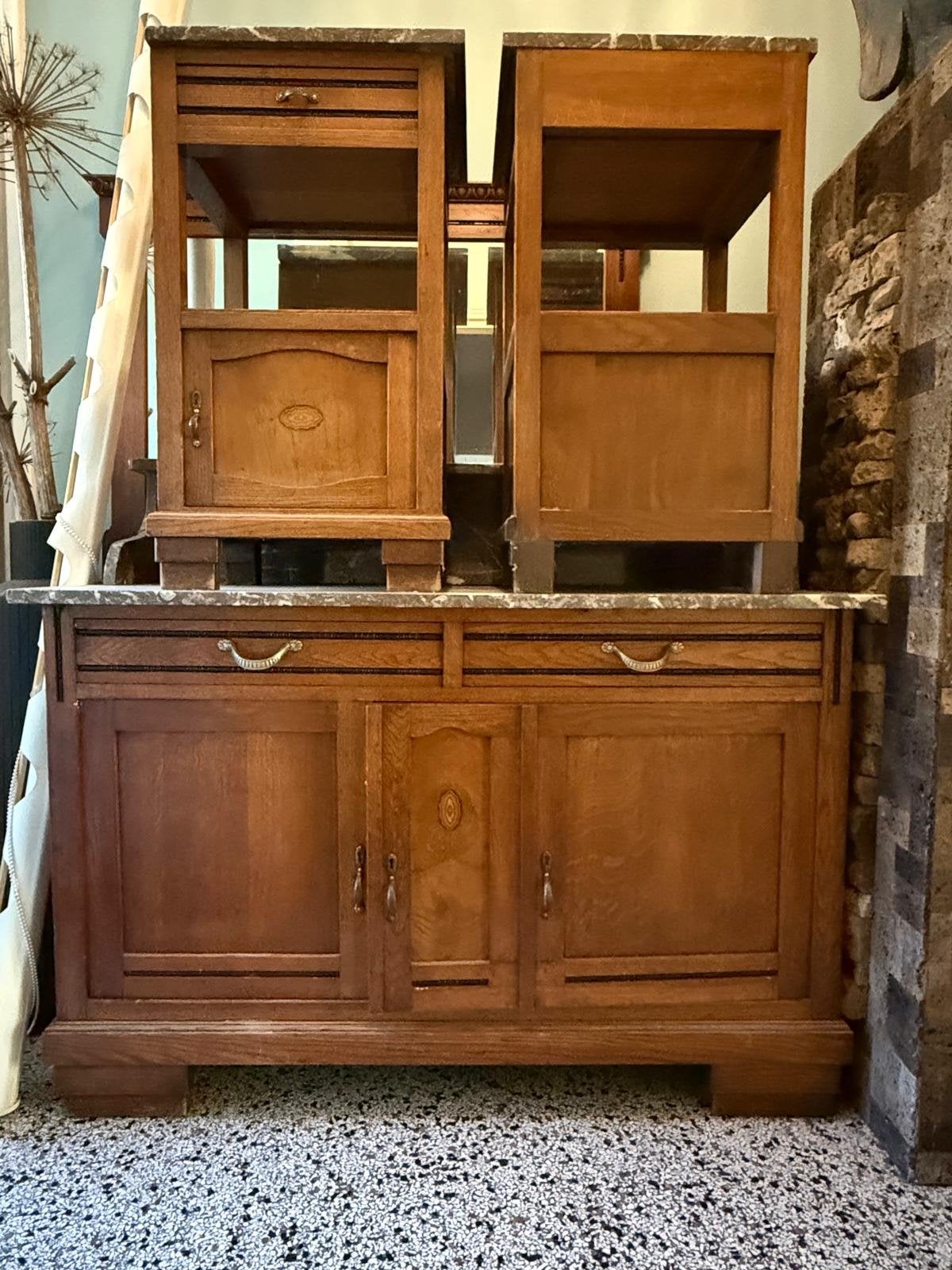 Antieke Eikenhouten Slaapkamer Set met Marmeren Bladen, Ophalen