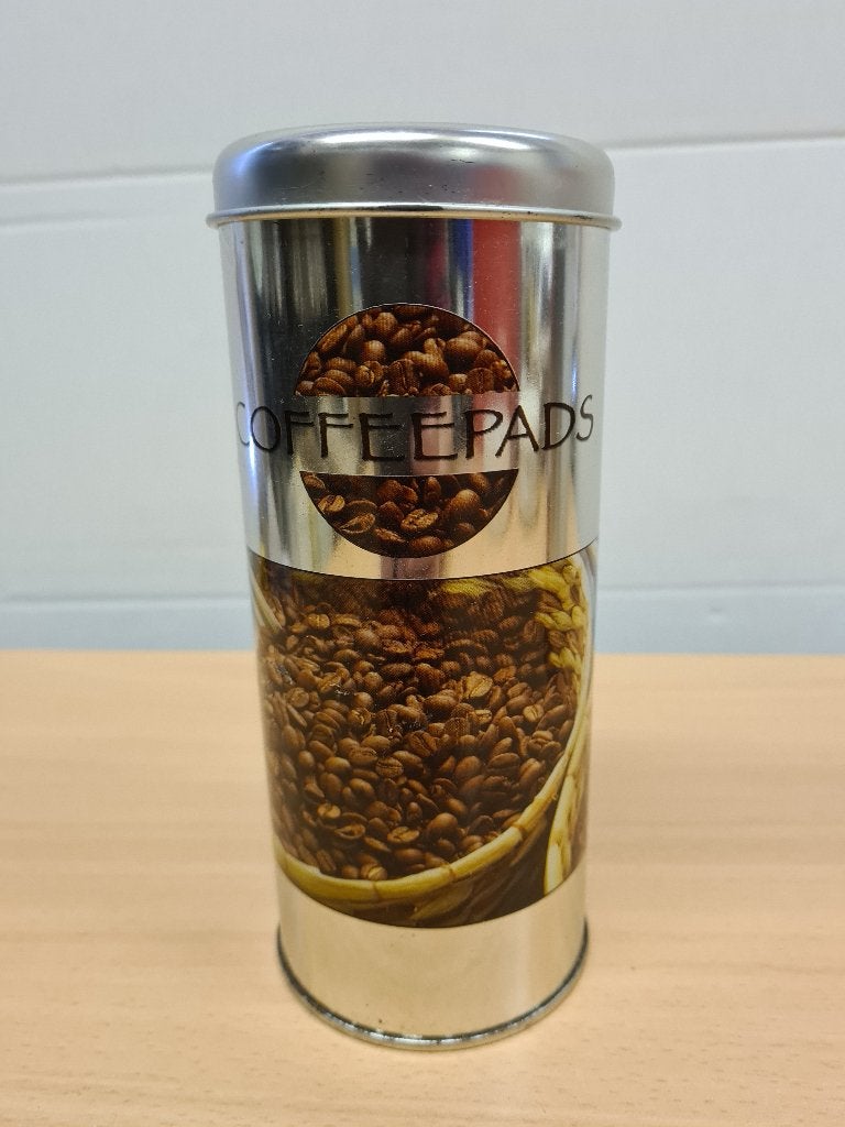 Coffee pads blik 1., Zilver, Ophalen of Verzenden, Zo goed als nieuw, Voorraadpot