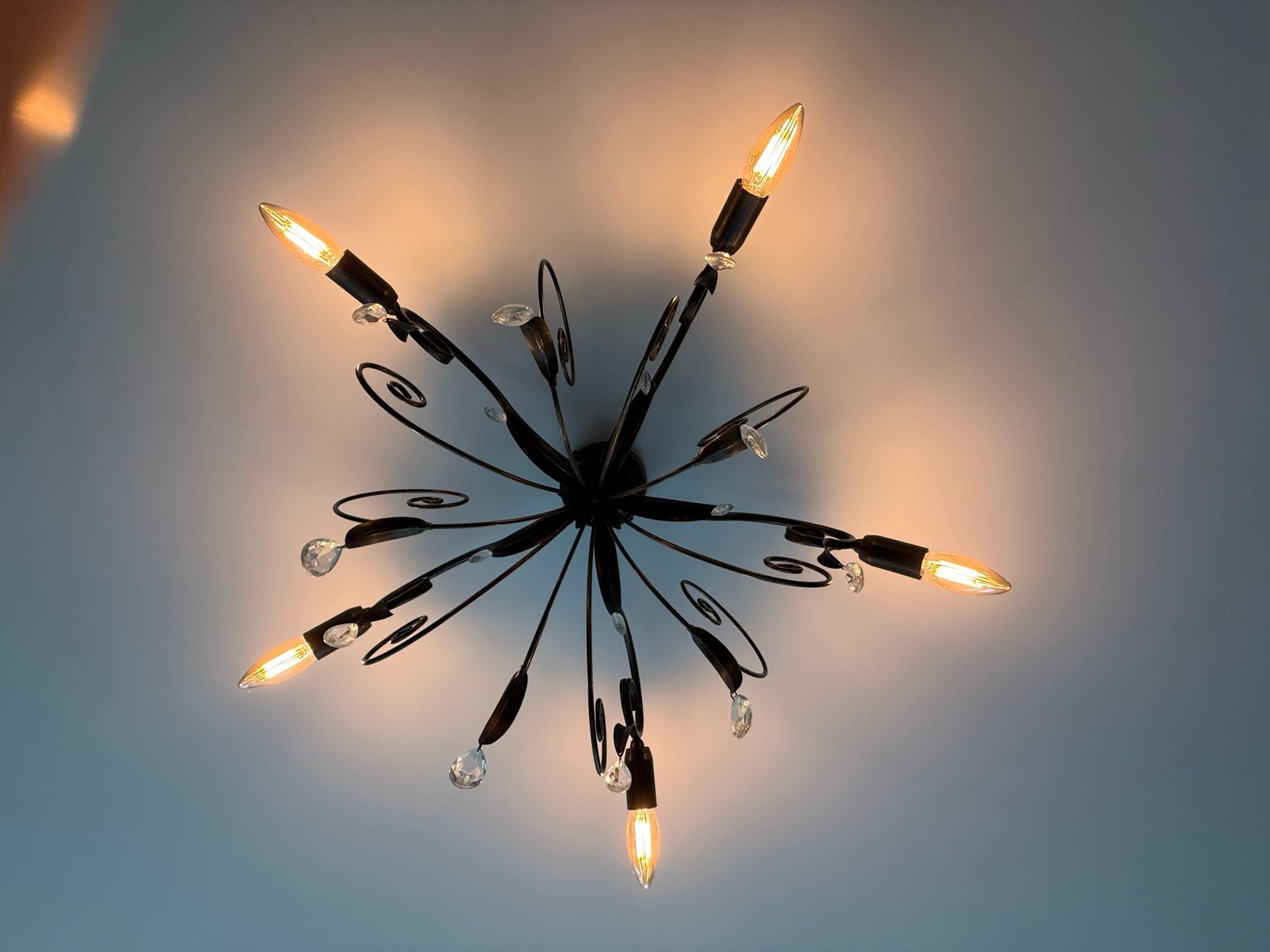 Plafondlamp (brons/zwart) met Kristallen Decoratie, Ophalen, Zo goed als nieuw, Metaal, E14 (klein)