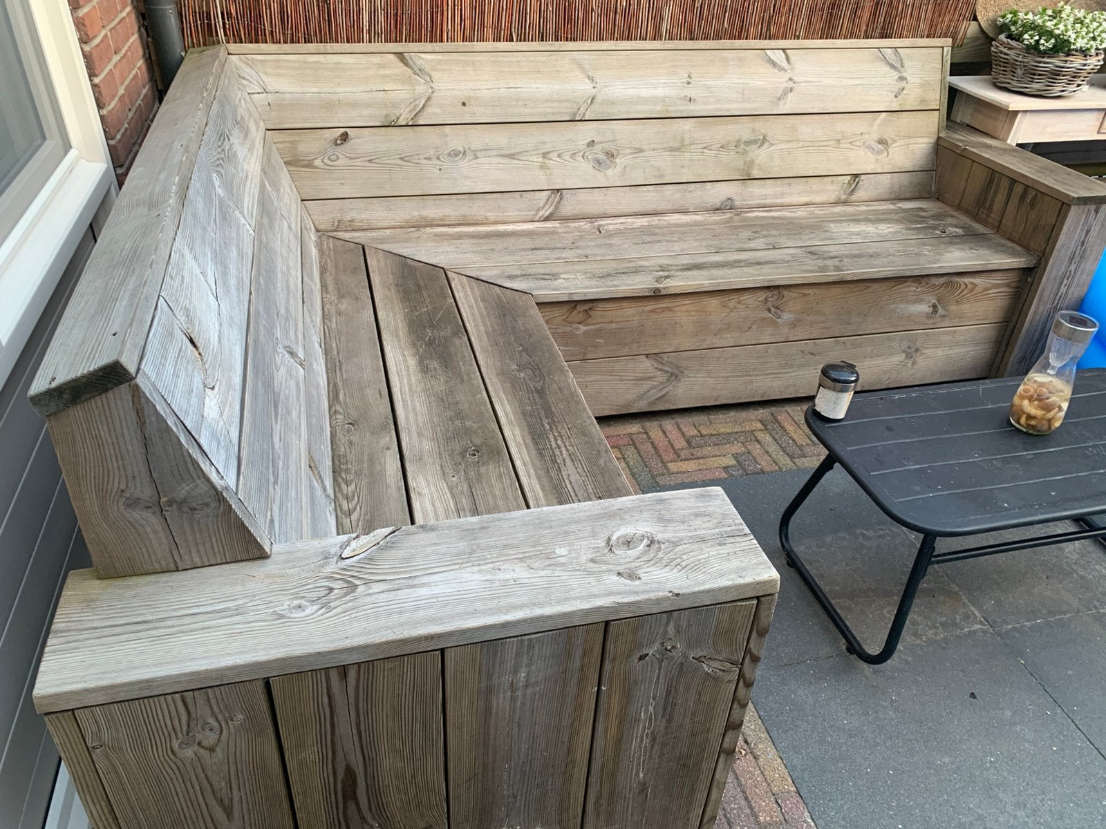 Kwaliteits hoekbank, Tuin en Terras, Ophalen, Zo goed als nieuw, Steigerhout, Bank