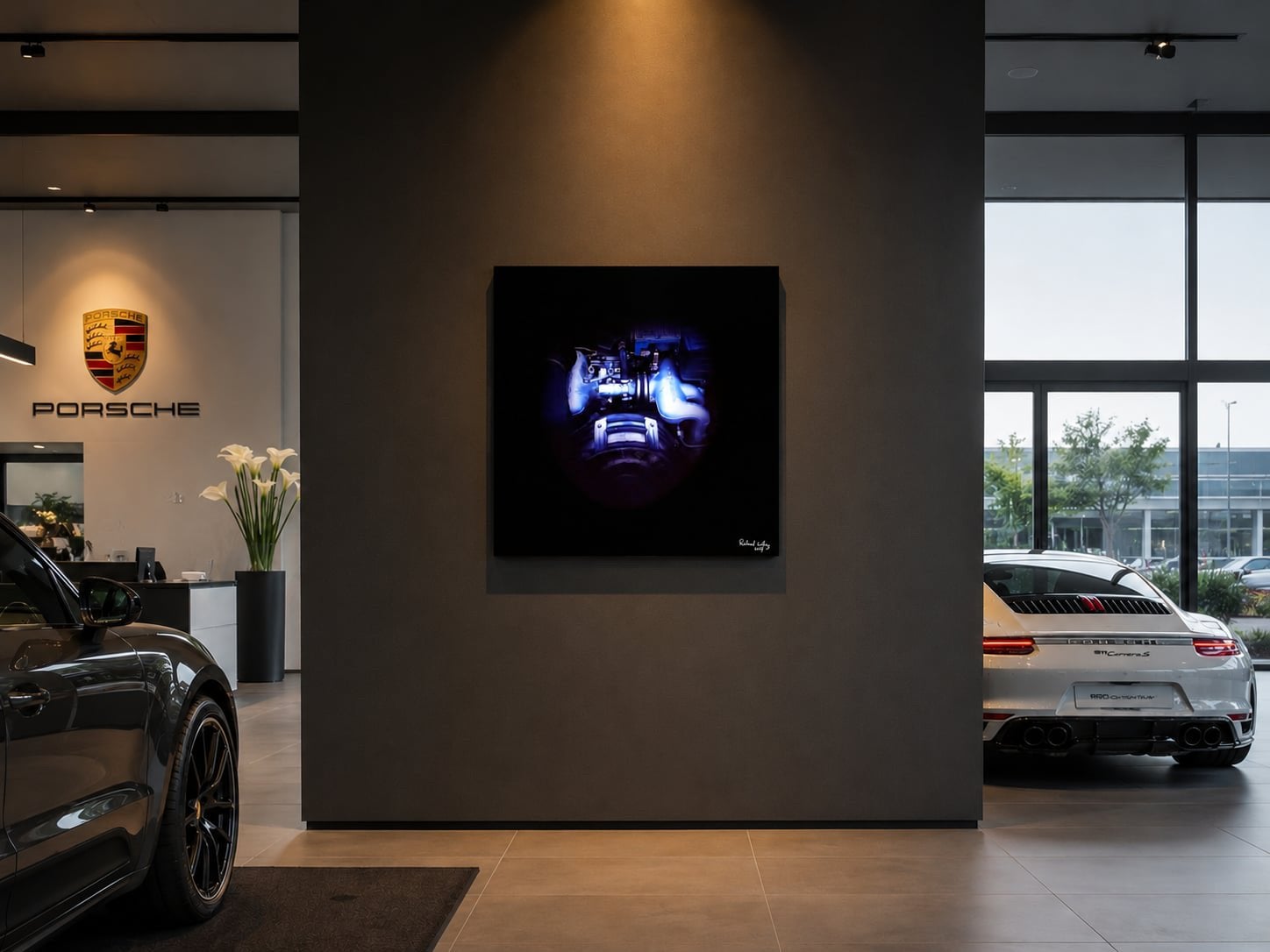 Porsche Motorblok op aluminium (100x100 cm), Antiek en Kunst, Ophalen