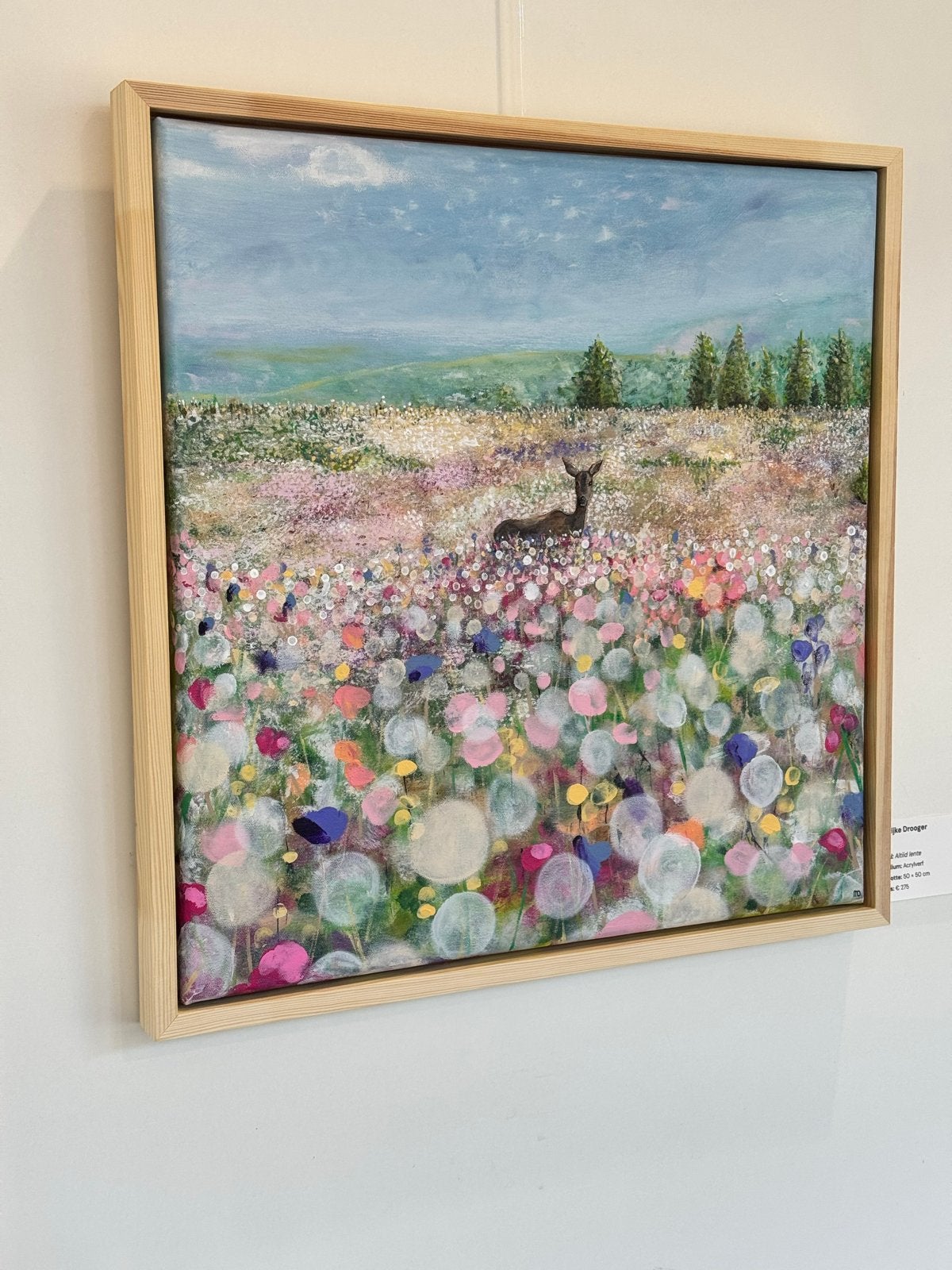 Dromerig Landschap: Hertje in bloemenzee - Acryl op Canvas, Ophalen, Acrylverf, Dieren, Op houten frame