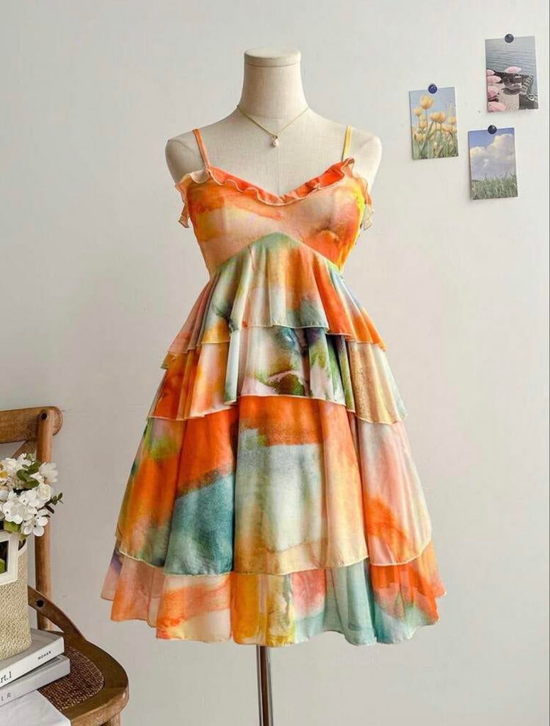 Kleurrijke gelaagde jurk met spaghettibandjes, Ophalen, Overige kleuren, Nieuw, Maat 34 (XS) of kleiner