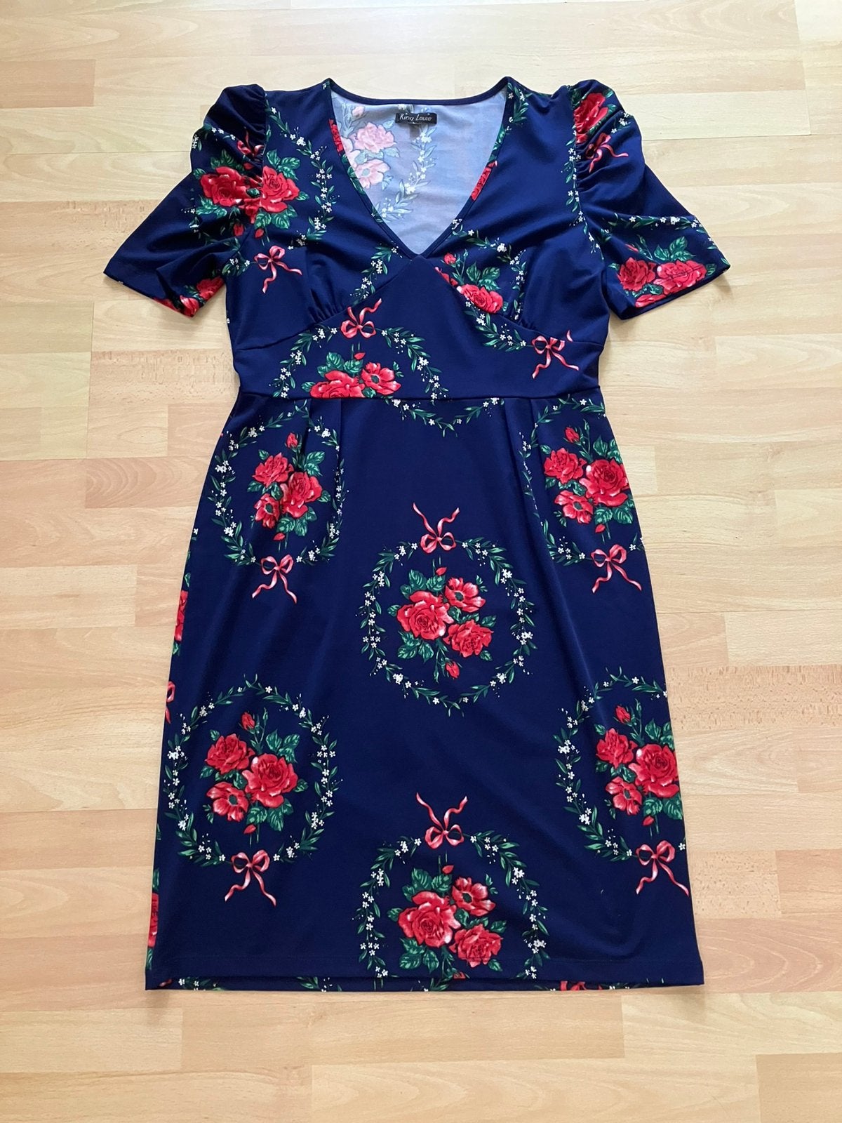 King Louie blauwe jurk met bloemen mt L zgan, Blauw, Maat 42/44 (L), Ophalen of Verzenden, Zo goed als nieuw