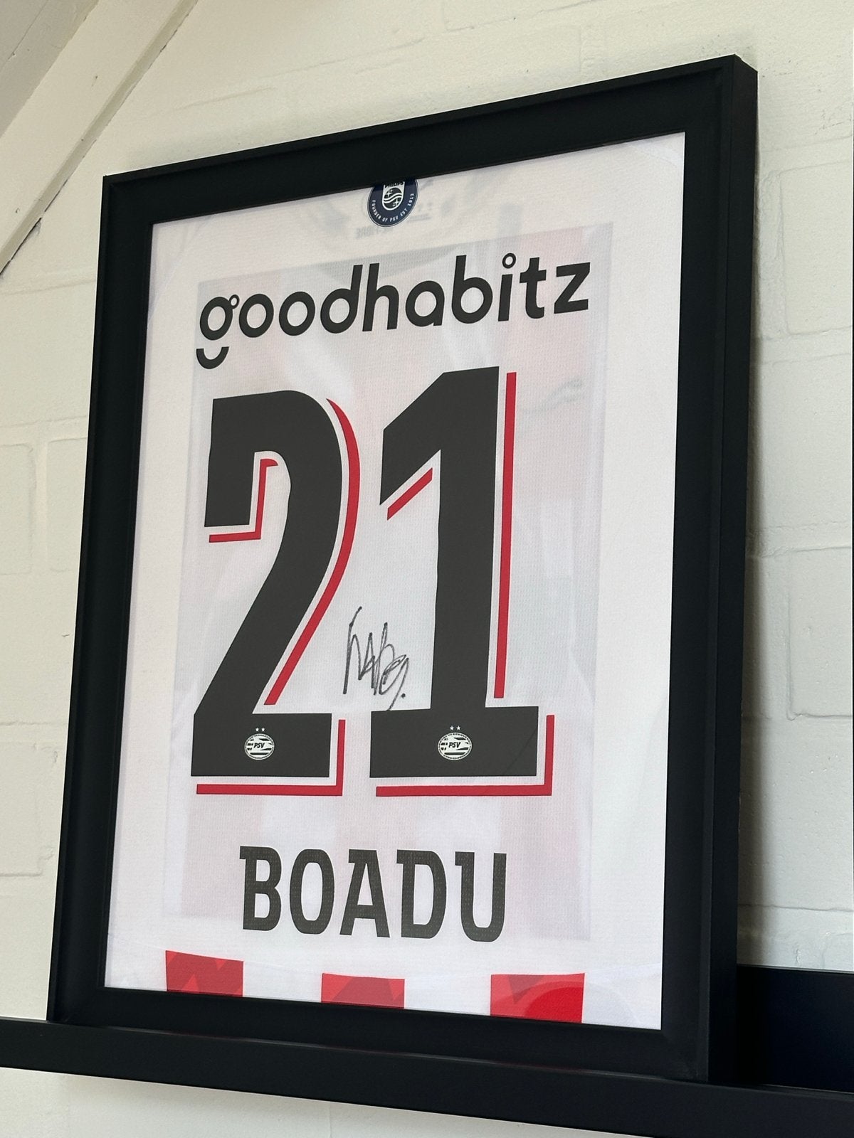 Ingelijst gesigneerd PSV shirt van Myron Boadu, Ophalen of Verzenden, Zo goed als nieuw, PSV, Shirt