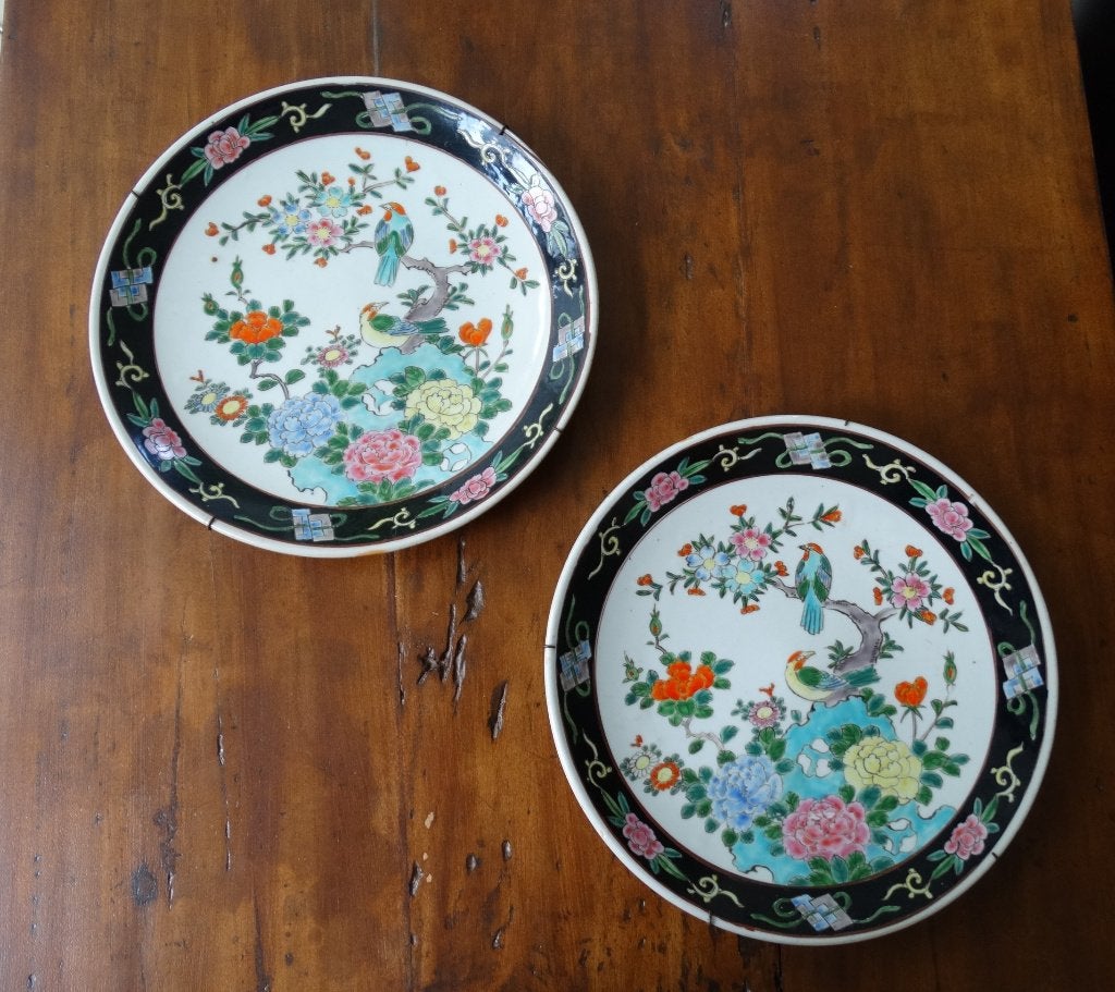 Set wandborden met vogels, zwarte rand, oosters keramiek, Ophalen