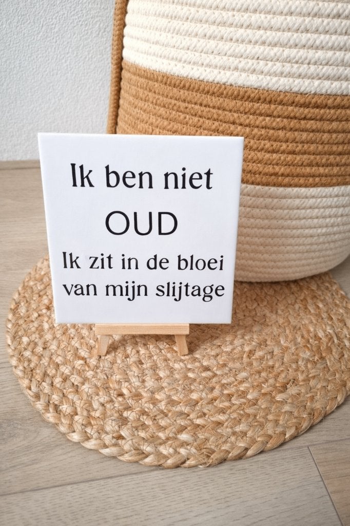 Tegel / tegeltje met tekst Ik ben niet oud ik zit in de, Handgemaakt, 15 cm, Nieuw, 15 cm
