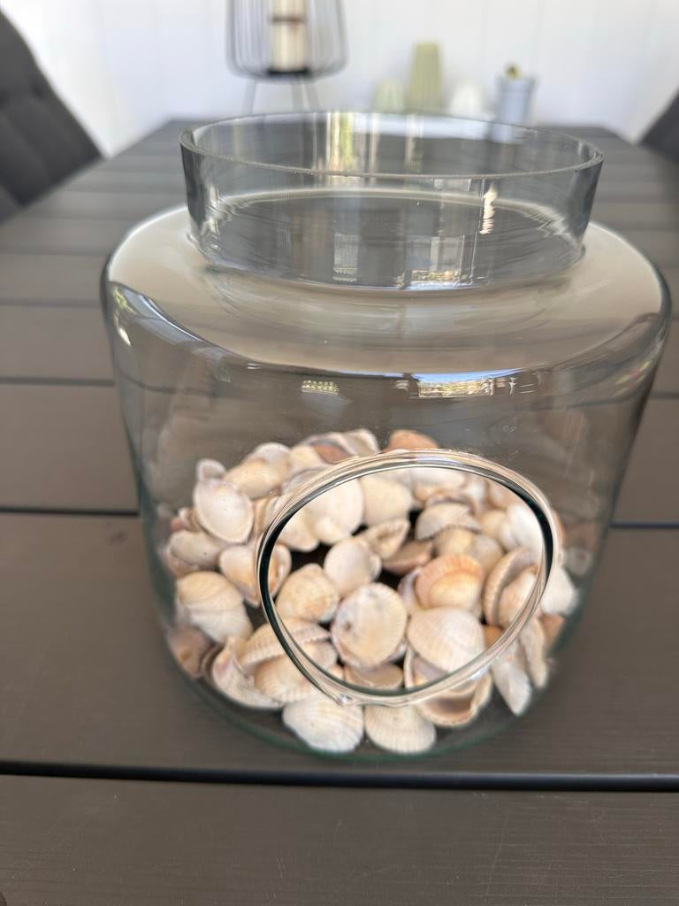 Glazen pot met schelpen - Decoratief object, Gebruikt, Meerkleurig, Boho, Ophalen of Verzenden