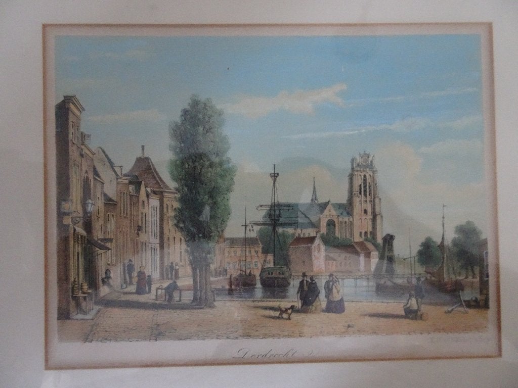 Litho (?) Dordrecht: zicht op de Grote Kerk, Antiek en Kunst, Met passe-partout, Ophalen of Verzenden, Landschappen