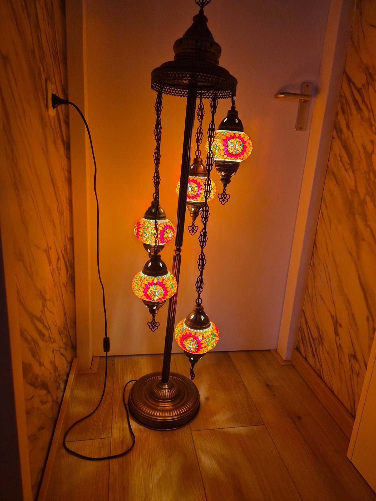 Oosterse Mozaïek Vloerlamp - Handgemaakt met 5 Lampen, E14 (klein), Ophalen of Verzenden, Zo goed als nieuw, Glas