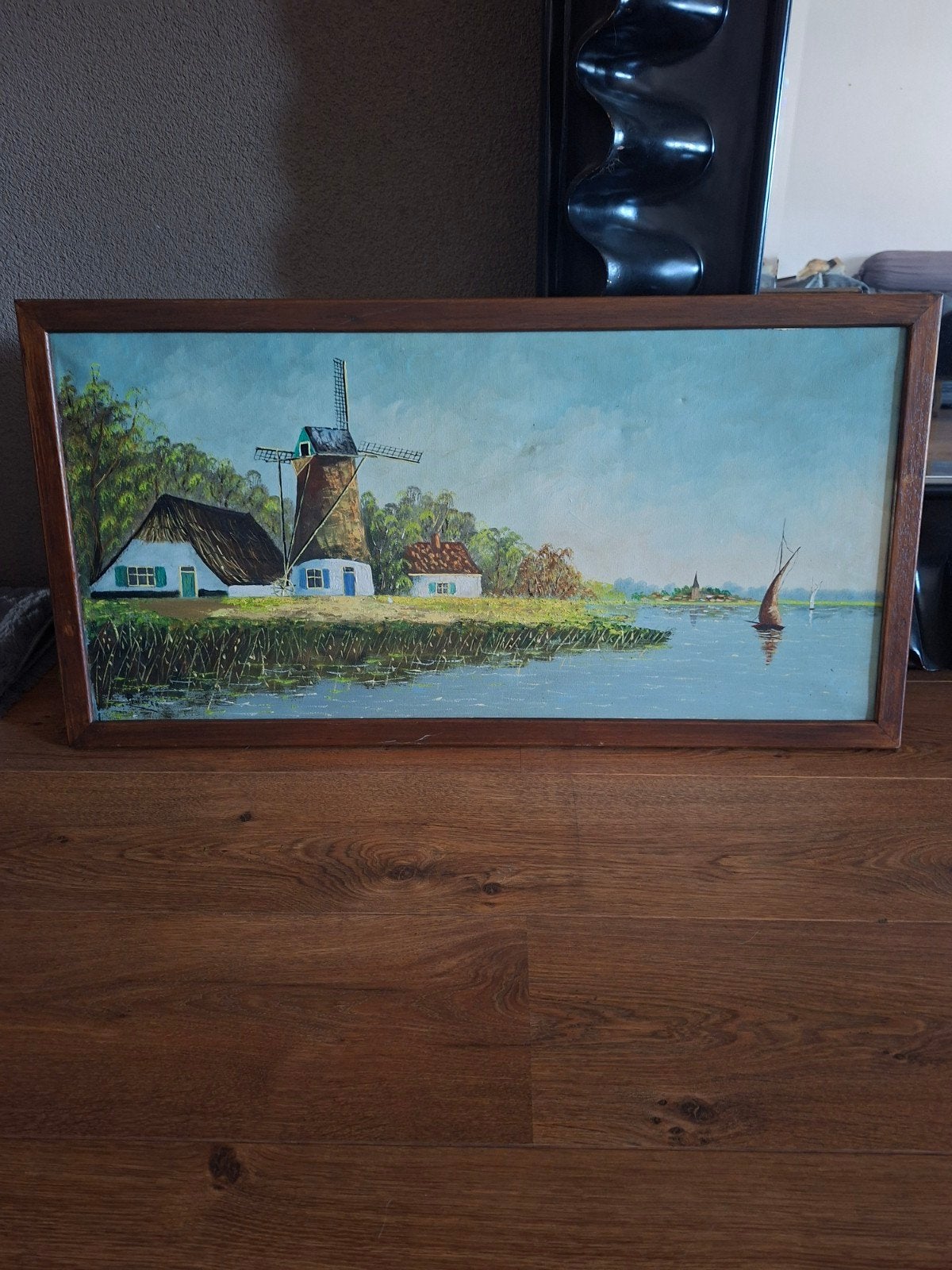Schilderij Hollandse molen aan het water, Ruiterd, Antiek en Kunst, Ophalen of Verzenden