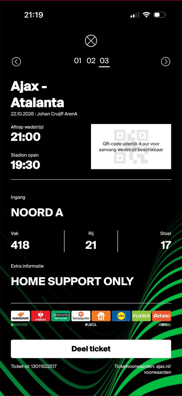 Ajax kaartje te koop overdracht via de ajax app, Eén persoon