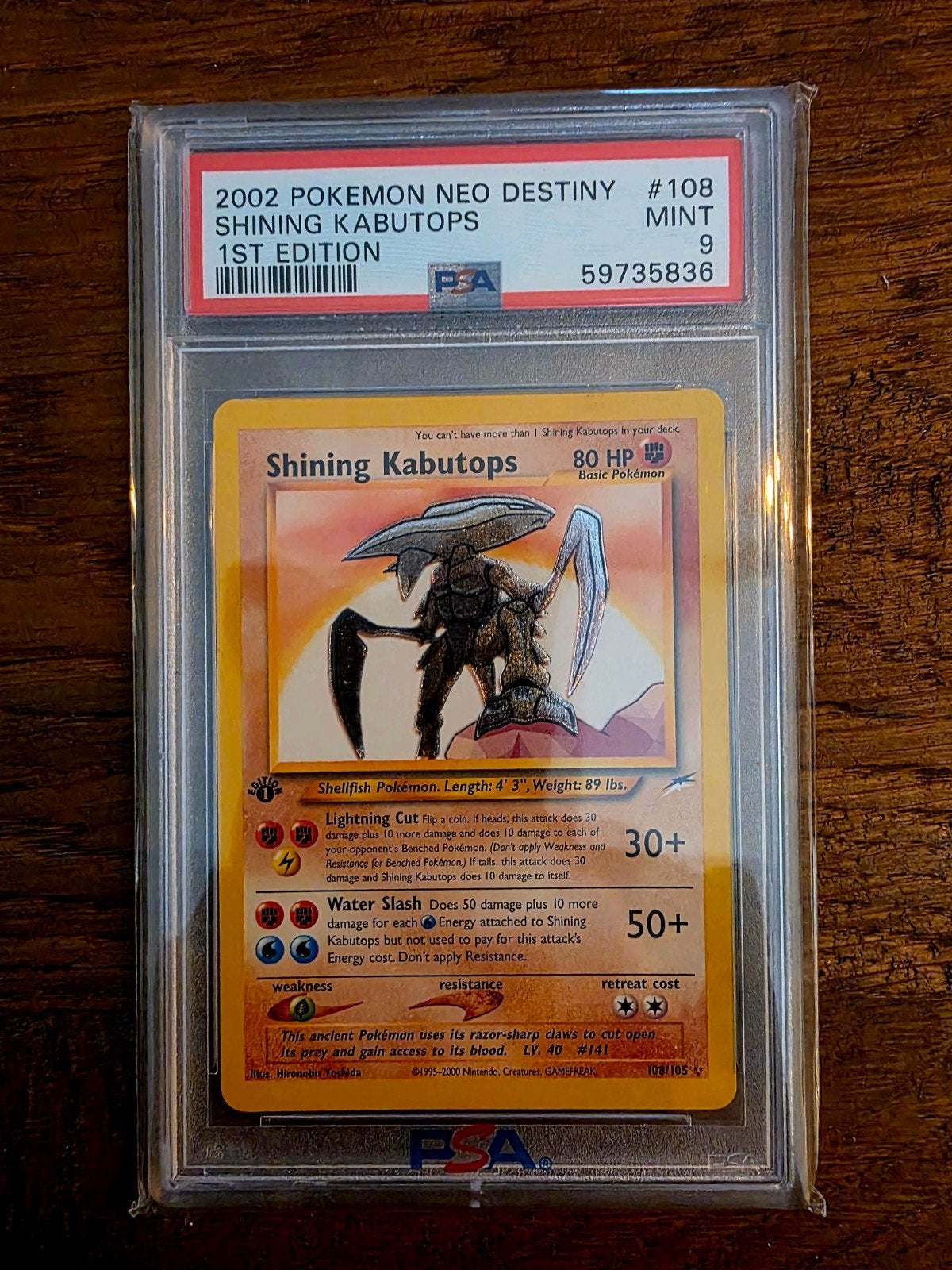PSA 9 MINT Shining Kabutops 1st Edition Neo Destiny, Hobby en Vrije tijd, Verzamelkaartspellen | Pokémon, Ophalen of Verzenden