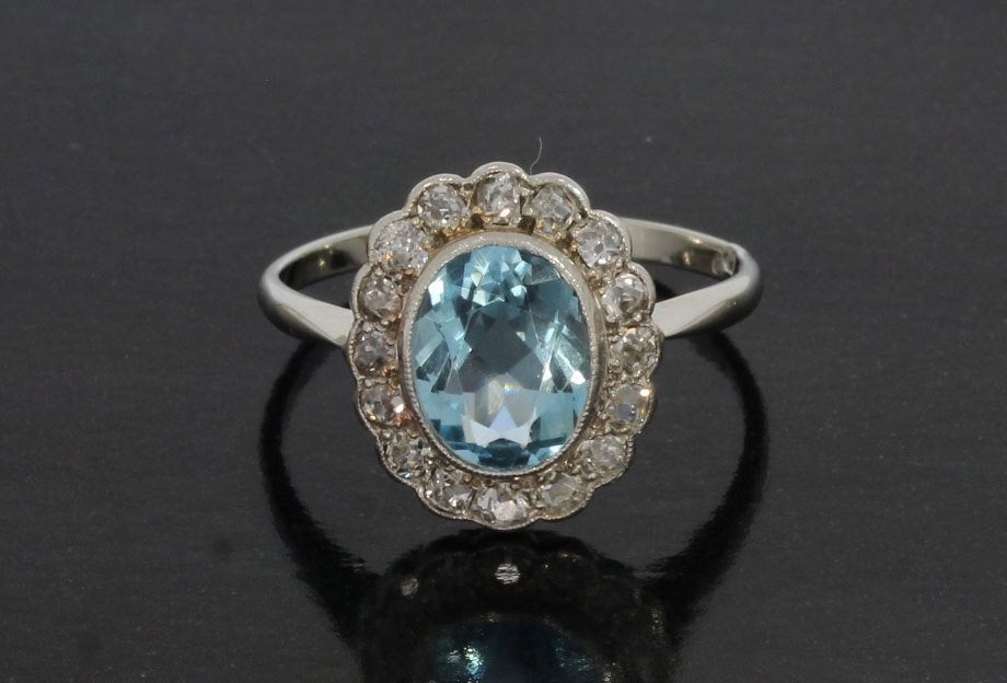 Topaas diamanten Art Deco 18k ring goud antiek dames platina, Verzenden, Goud, Ring, Met edelsteen
