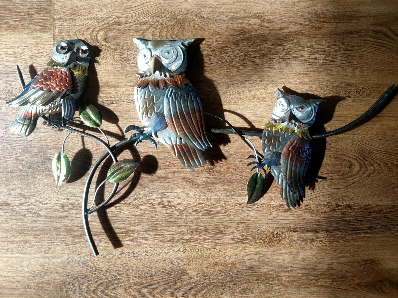 Metalen uilen wanddecoratie - Drie uilen op tak, Ophalen, Meerkleurig, Metaal, Landelijk