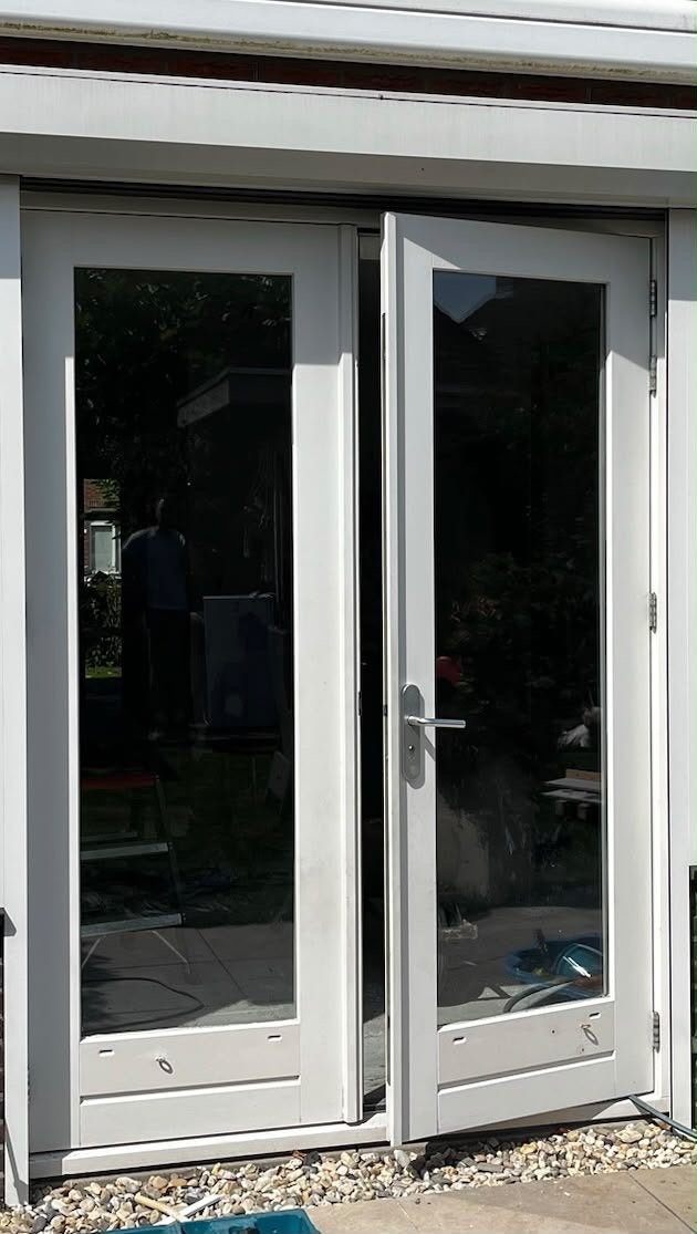 Dubbele tuindeuren met glas en horraam, Ophalen, Gebruikt, Buitendeur, Hout
