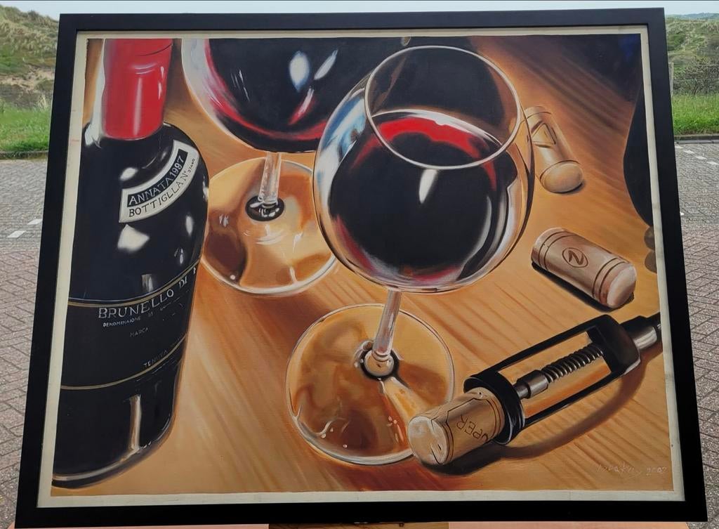Schilderij: Wijnfles, glazen en kurkentrekker, Ophalen of Verzenden