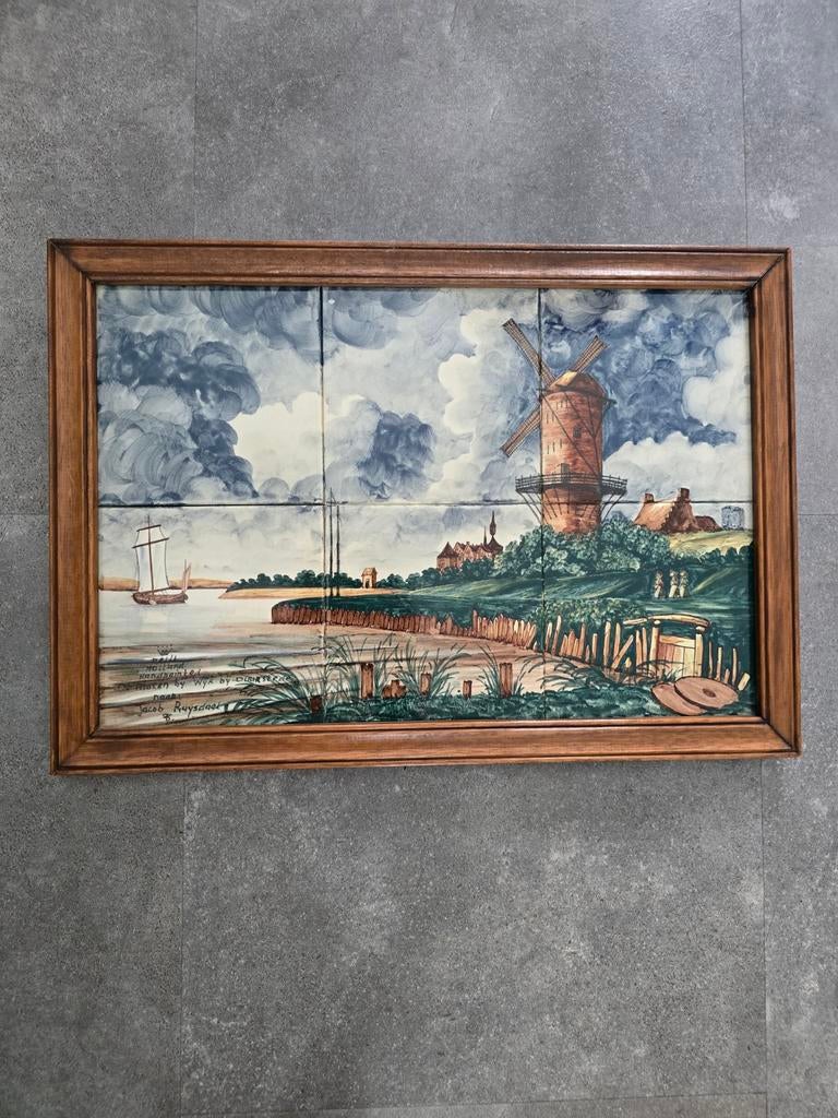 Handbeschilderd tegeltableau Hollandse molen Jacob Ruysdael, Ophalen of Verzenden
