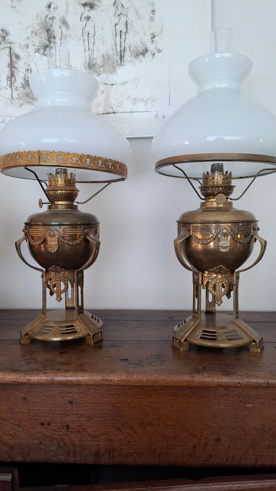 Set van 3 vintage Art Deco koperen olielampen, Antiek en Kunst, Antiek | Lampen, Ophalen