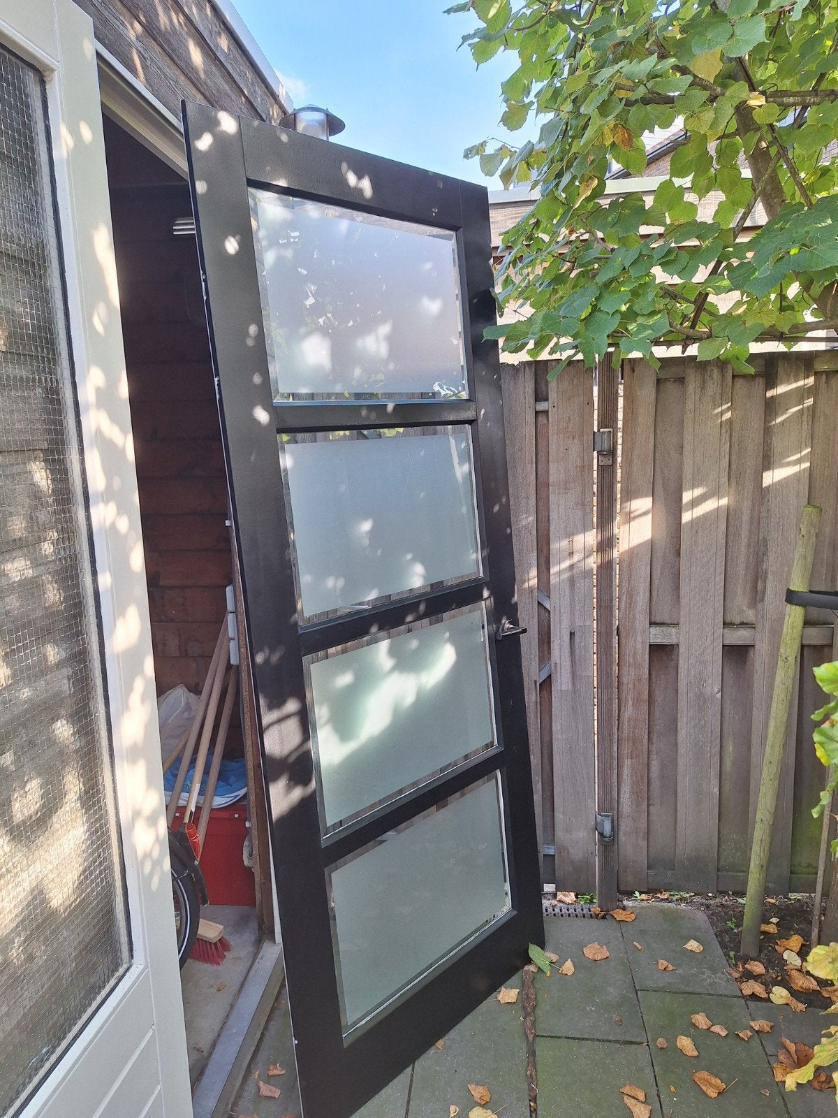 Houten binnendeur met glazen panelen, zwart/wit, 231x95cm, Doe-het-zelf en Verbouw, Ophalen, Gebruikt, 80 tot 100 cm, 215 cm of meer