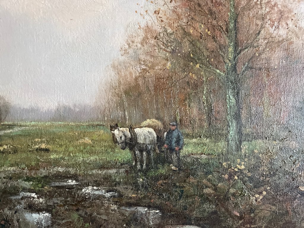 Olieverfschilderij: Boer met paard in herfstlandschap, Ophalen, Doek, Realistisch, Landschap