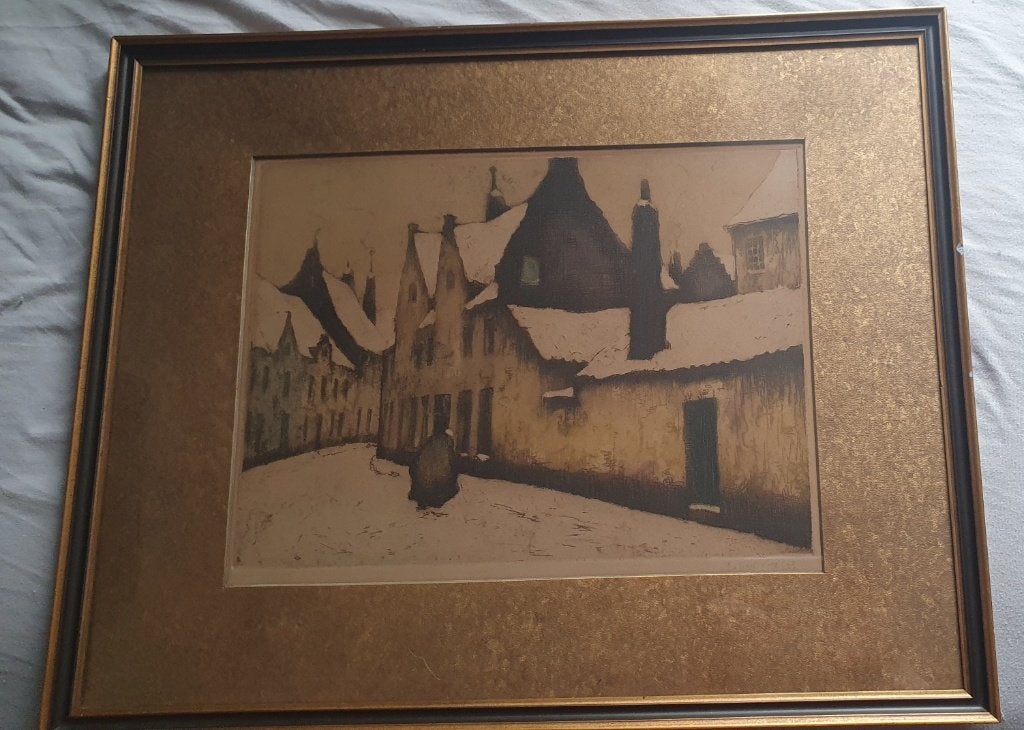 Ingelijste en gesigneerde kleuren Ets Julien Celos 58bx47h, Antiek en Kunst, Kunst | Etsen en Gravures, Ets, Stadsgezicht, Origineel