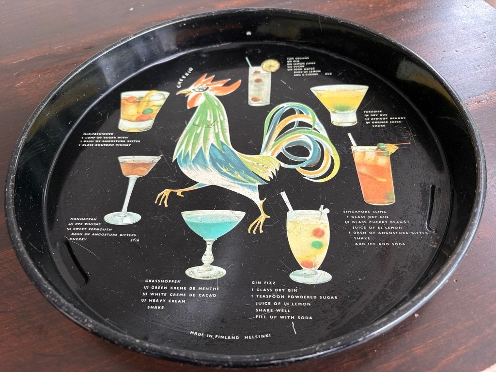 Vintage 'Cheerio' cocktail dienblad uit Finland, Huis en Inrichting, Woonaccessoires | Dienbladen, Ophalen of Verzenden, Gebruikt