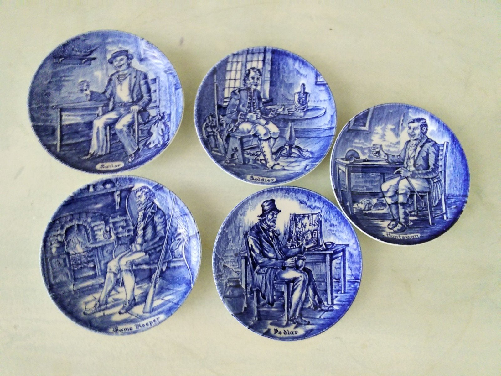 Set van 5 Wedgwood Tunstall bordjesblauw-wit, 11,5 cm, Antiek en Kunst, Ophalen of Verzenden
