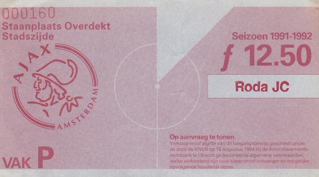 Ticket:Ajax v RODA JC 1991/1992, Verzamelen, Verzenden, Gebruikt, Ajax, Overige typen