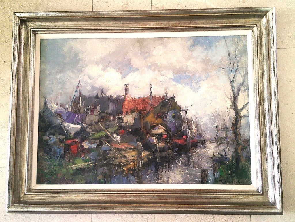 bootjes op helling ca.1970 - Dorus van Oorschot 1910-1989, Antiek en Kunst, Kunst | Schilderijen | Klassiek, Doek, Impressionistisch