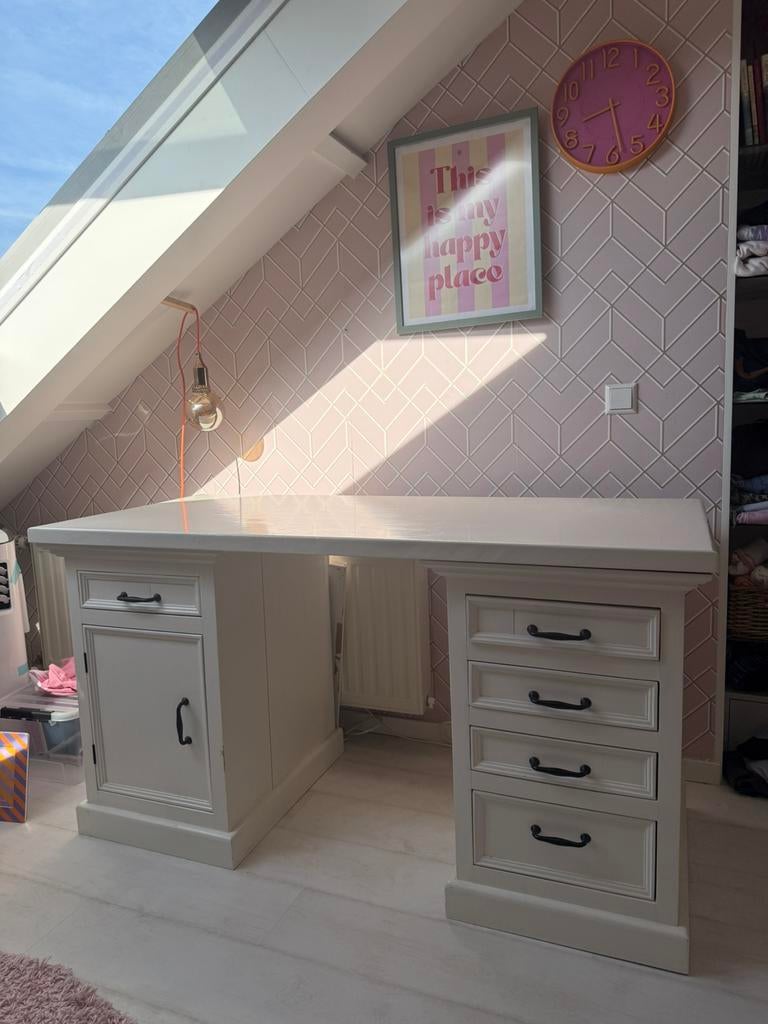 Landelijk bureau massief hout – wit– demontabel – veel lades, Huis en Inrichting, Bureaus, Ophalen, Gebruikt, 150 cm, Hout
