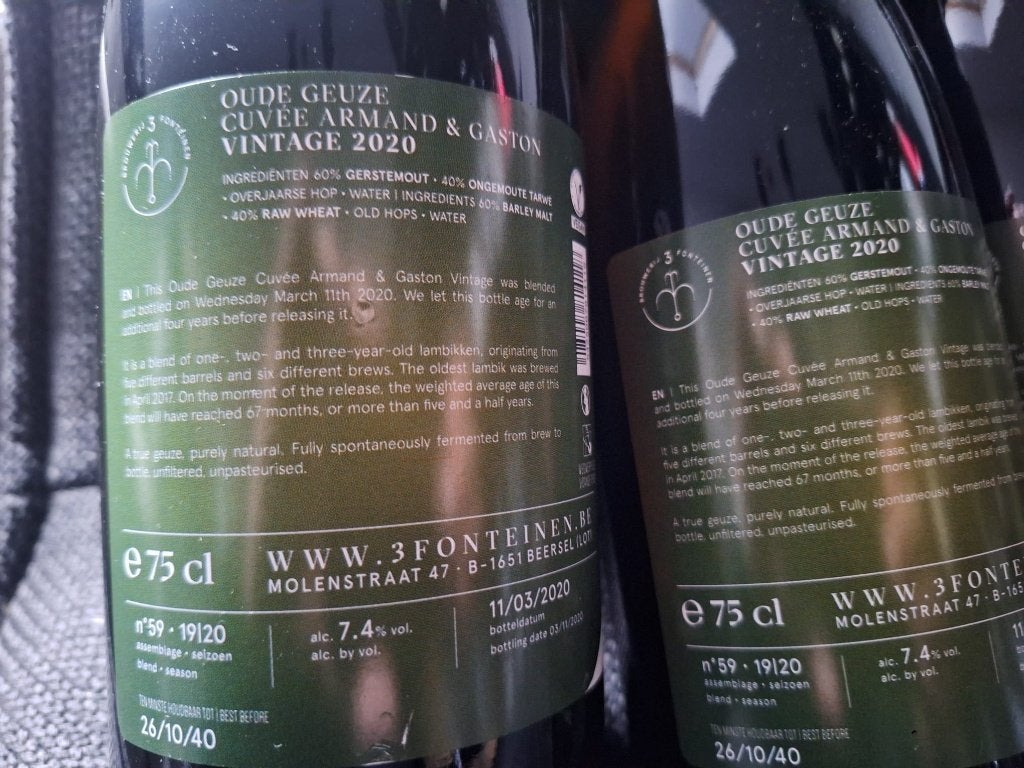 3 fonteinen oude geuze cuvee armand & gaston vintage 2020, Ophalen of Verzenden, Zo goed als nieuw, Flesje(s), Overige merken
