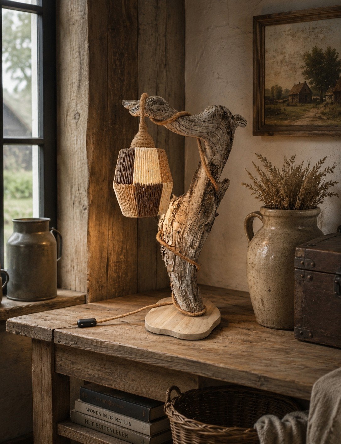 Landelijke boomstronk lamp van drijfhout, Huis en Inrichting, Lampen | Tafellampen, 50 tot 75 cm, Stoer sober robuust landelijk drijfhout