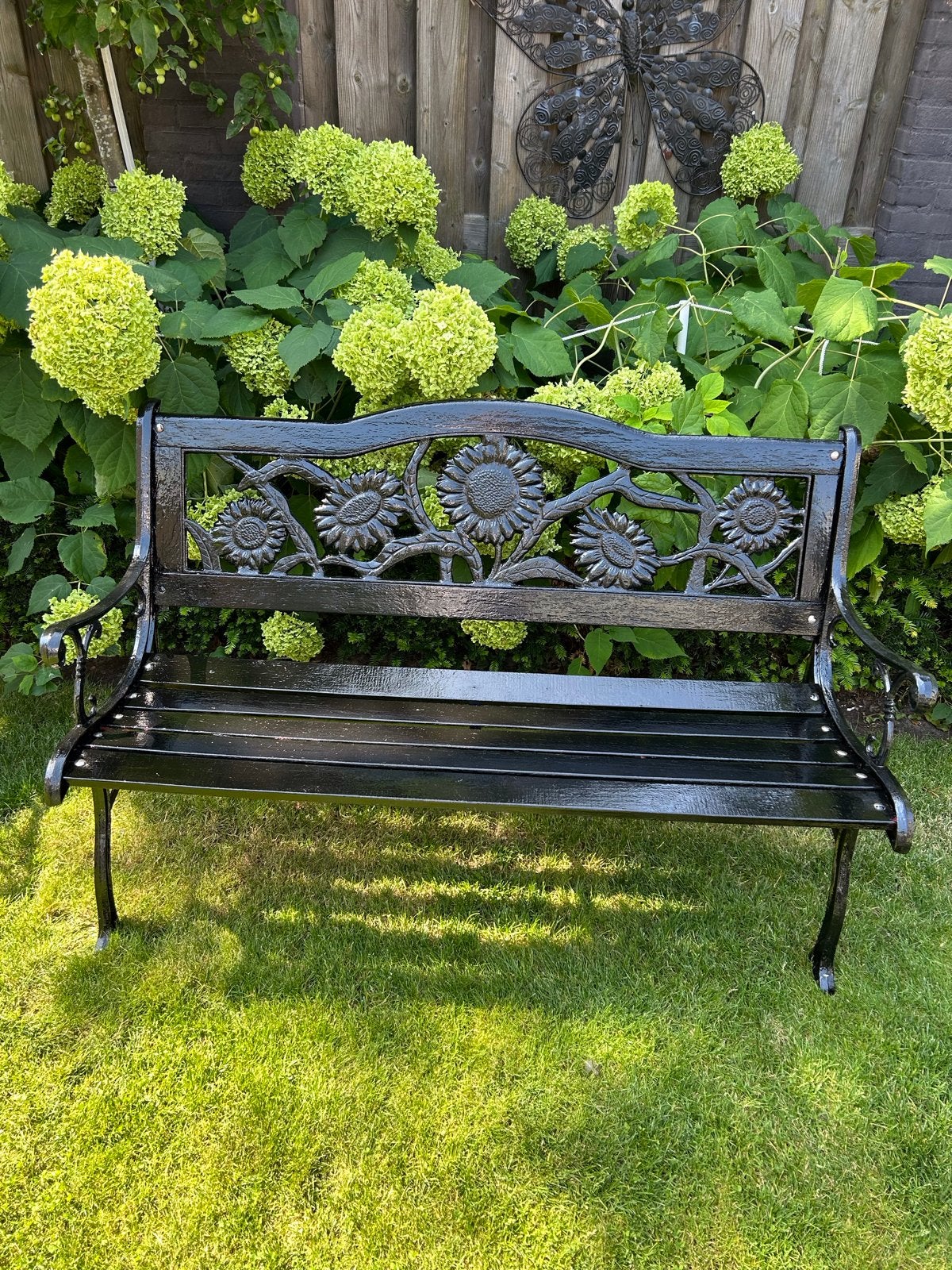 Gerestaureerde zonnebloem tuinbank, gietijzer en hardhout, Tuin en Terras, Ophalen, Gebruikt, Hout