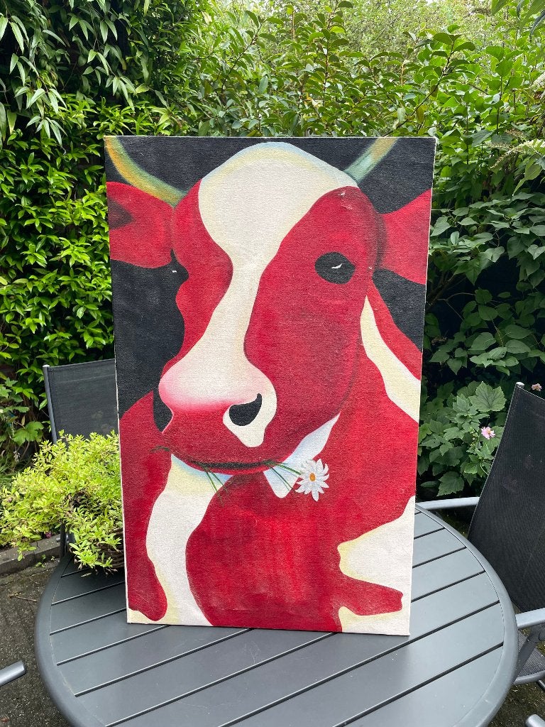 Schilderij roodbonte koe met madelief, Ophalen