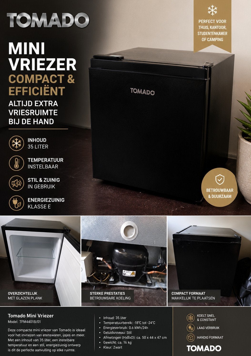 Tomado Mini Vriezer TFM4401B/01 - Compact & Efficiënt, Minder dan 85 cm, Nieuw, Minder dan 60 cm, Vrijstaand