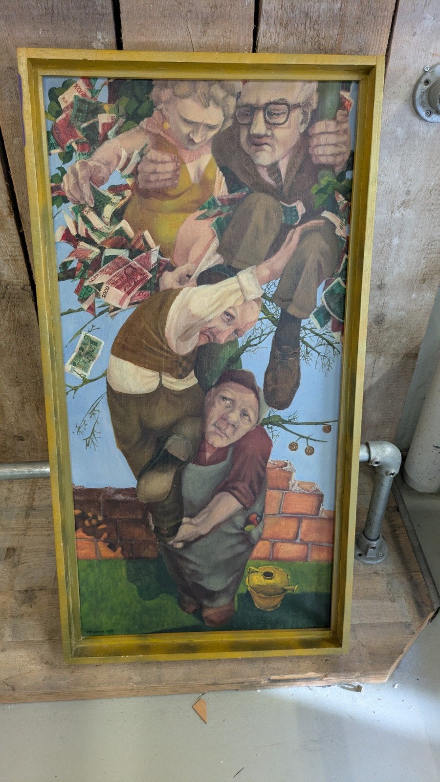 Maatschappijkritisch Olieverfschilderij Jaren '70, Antiek en Kunst, Ophalen, Figuren, Handgeschilderd, Olieverf