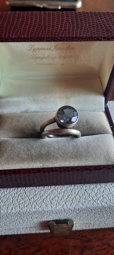 Vintage modernistische ring,zilver met aquamarijn, Sieraden, Tassen en Uiterlijk, Antieke sieraden, Ophalen of Verzenden, Zilver