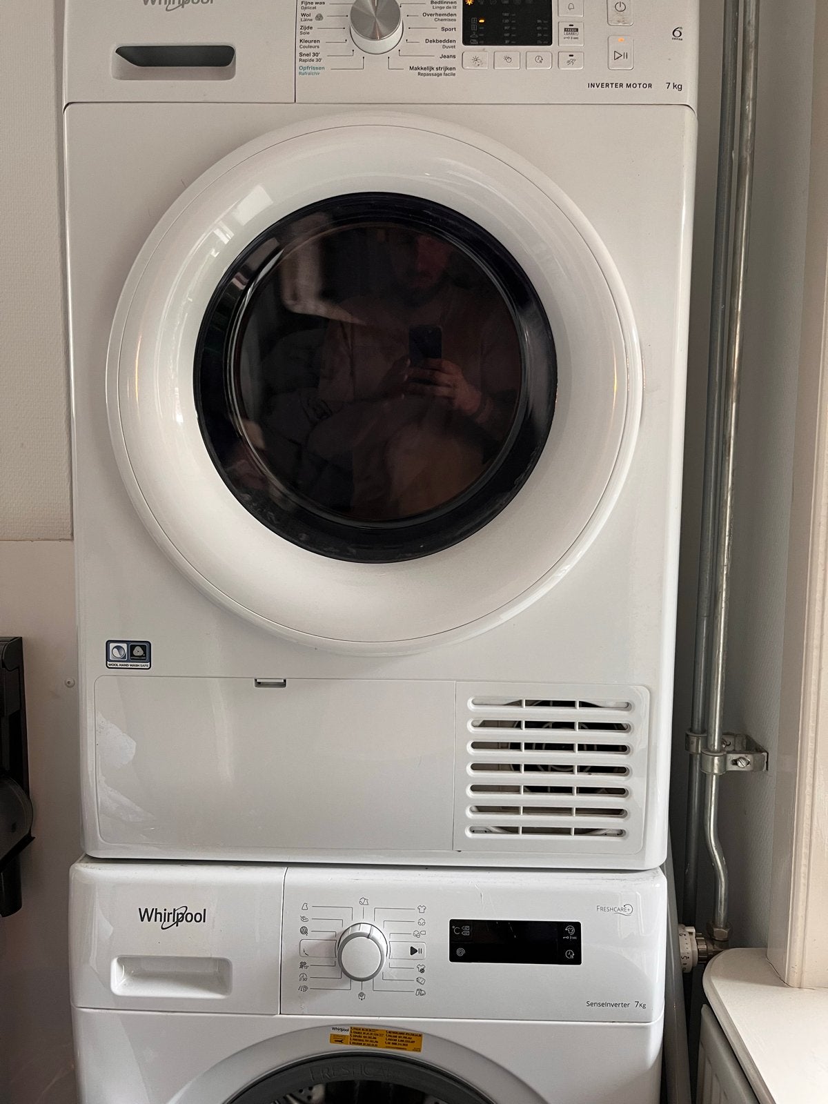 Whirlpool wasmachine en droger set - 7 kg, 6 tot 8 kg, Ophalen, Zo goed als nieuw, 85 tot 90 cm