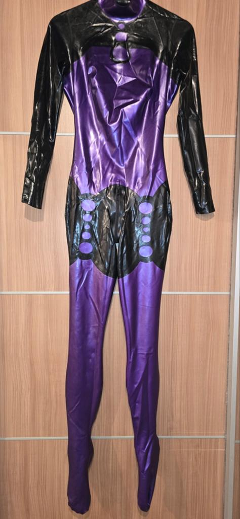 Libidex Latex Catsuit Zwart/Paars met 3-wegrits, Maat S, Verzenden