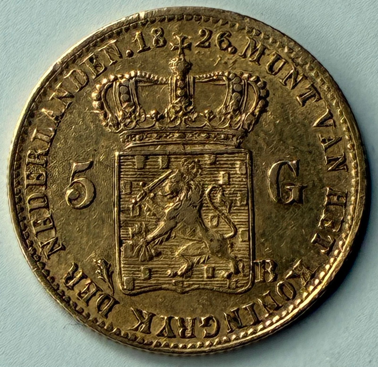 5 gulden goud 1826B (var. gesloten B), Koninkrijk Willem I, Verzenden, Koning Willem I, 5 gulden, Goud