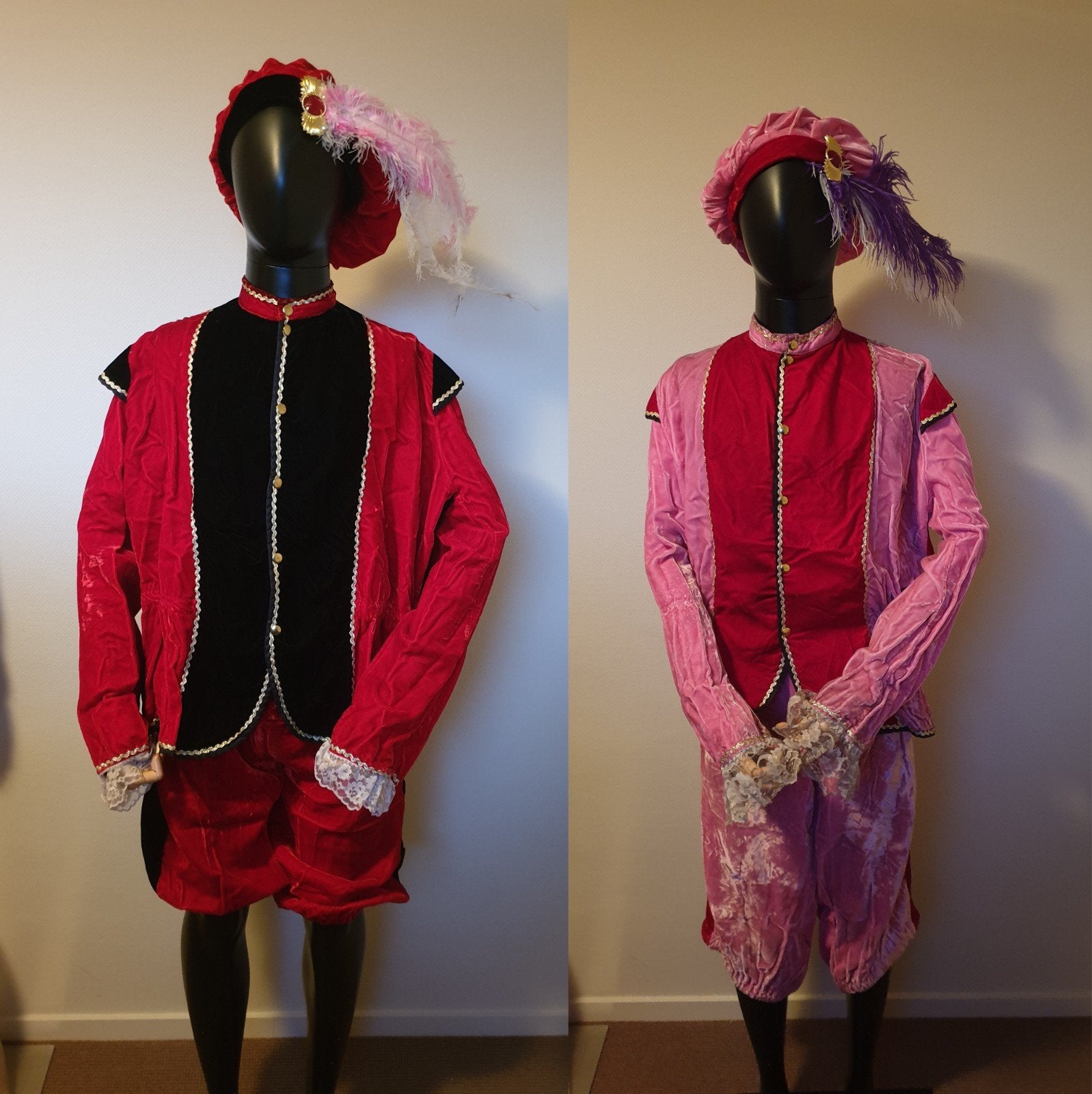 Sinterklaas: Twee Pietenpakken - Roze & Zwart/Rood - Maat Me, Verzenden, Gebruikt, 170 of groter, Jongen of Meisje