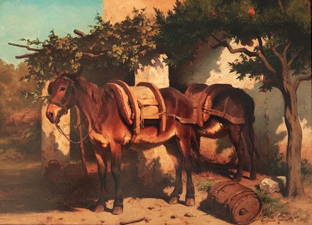 =Wouterus Verschuur jr. = 'muilezels bij z.franse boerderij', Paneel, Realistisch, Dieren, Ophalen of Verzenden