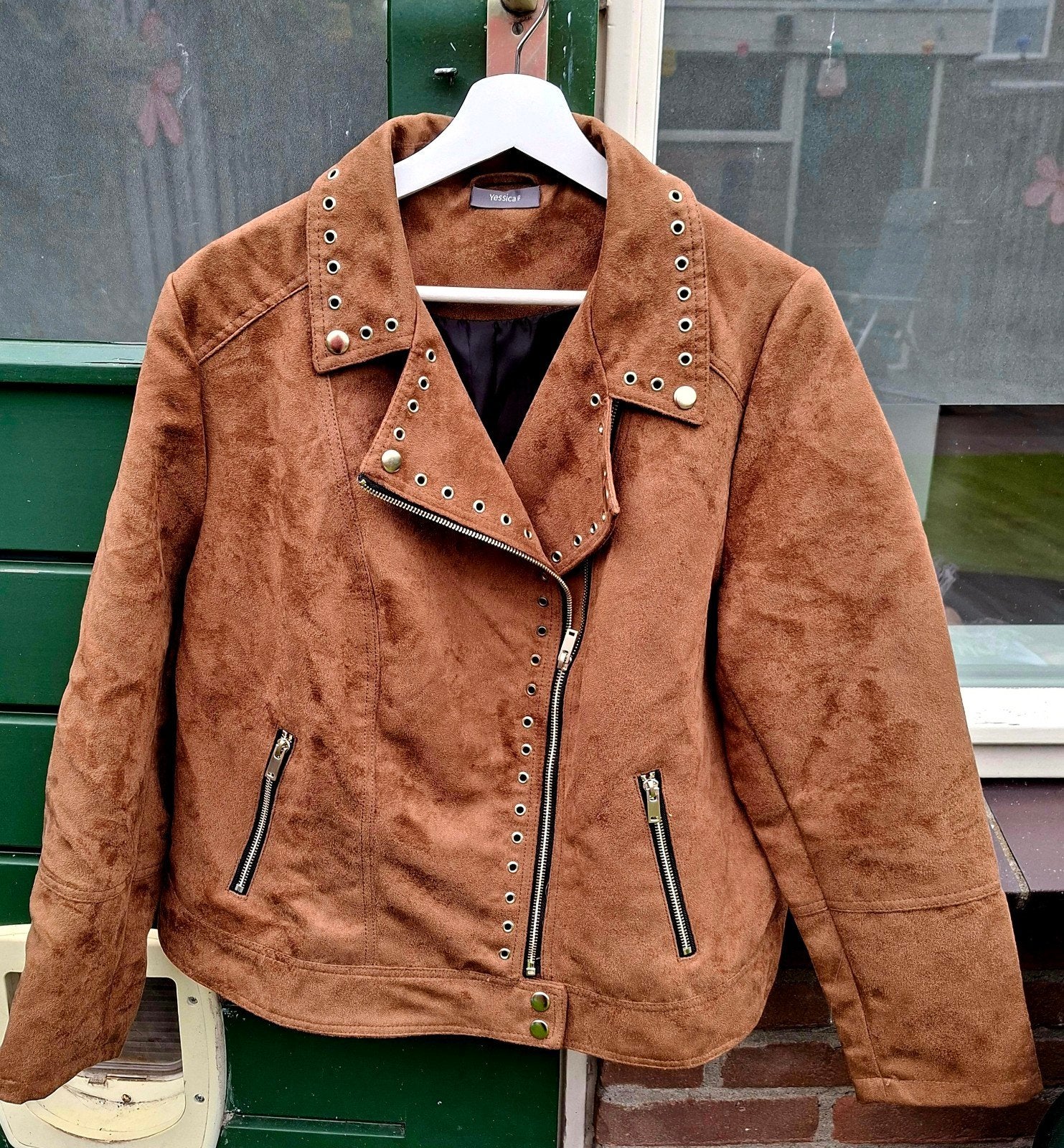 Nieuw! Yessica suède look bikerjack met studs  46/48, Bruin, Yessica, Maat 46/48 (XL) of groter, Nieuw