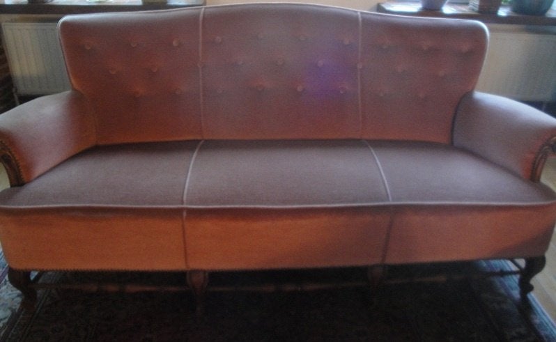 Salonzetel houten frame vintage, Gebruikt, 125 cm of meer, Stof, Antiek