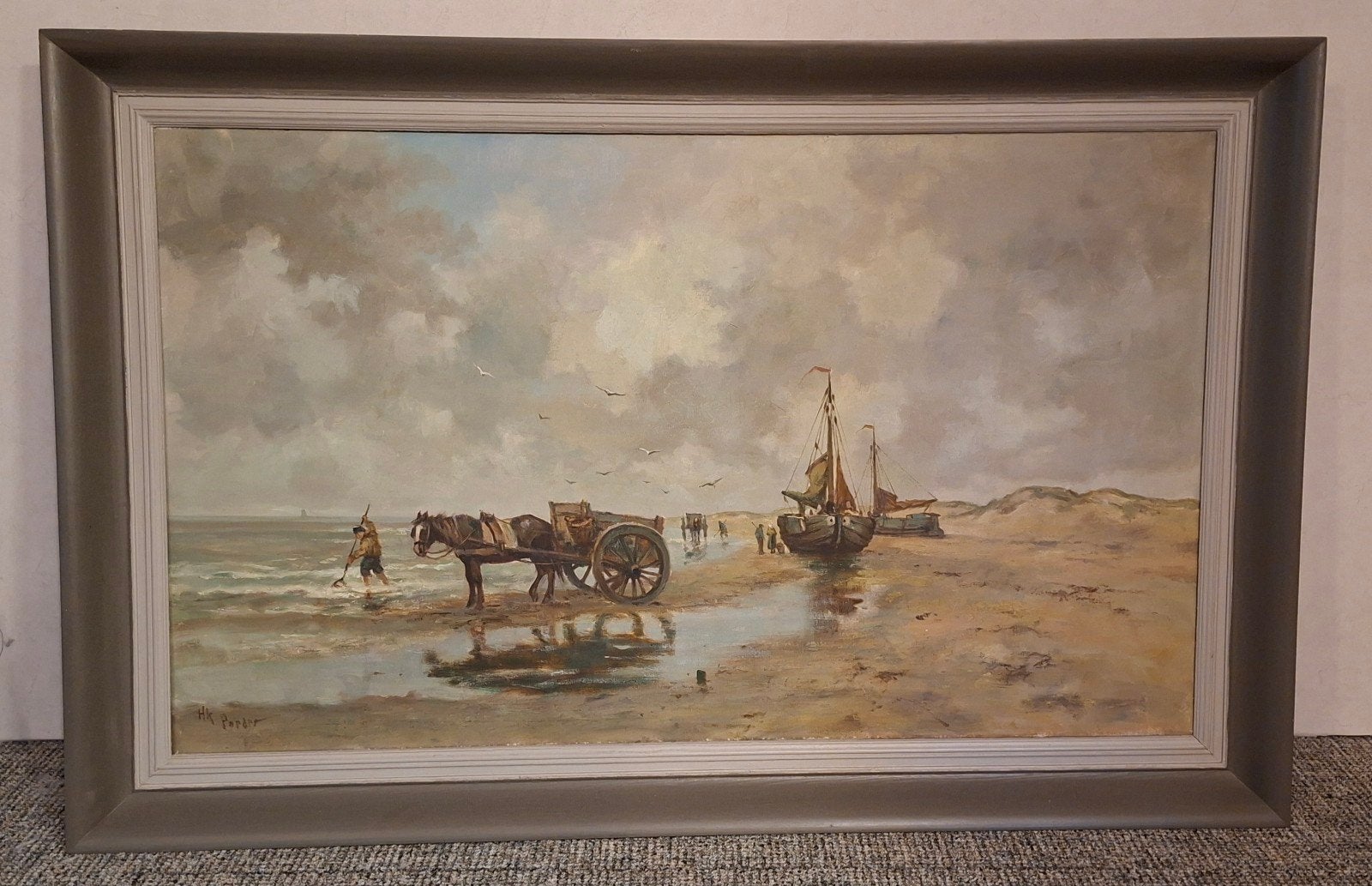 Groot Olieverfschilderij Strandgezicht Hk Poeder sr. (100x60, Antiek en Kunst, Ophalen, Maritiem / water, Doek, Realistisch