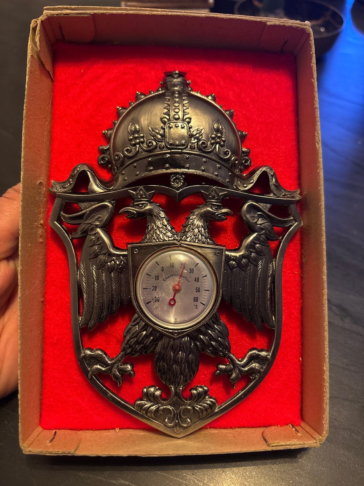 Antieke Dubbelkoppige Adelaar Thermometer in Doos, Ophalen
