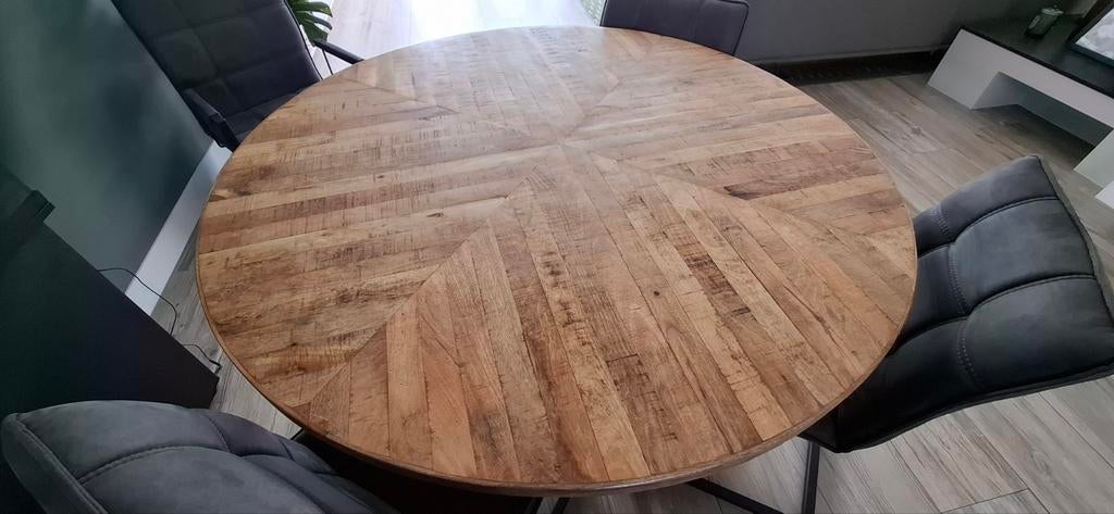 Ronde mangohouten eettafel met zwart metalen onderstel, Rond, Zo goed als nieuw, Vier personen, Industrieel, Modern, Robuust
