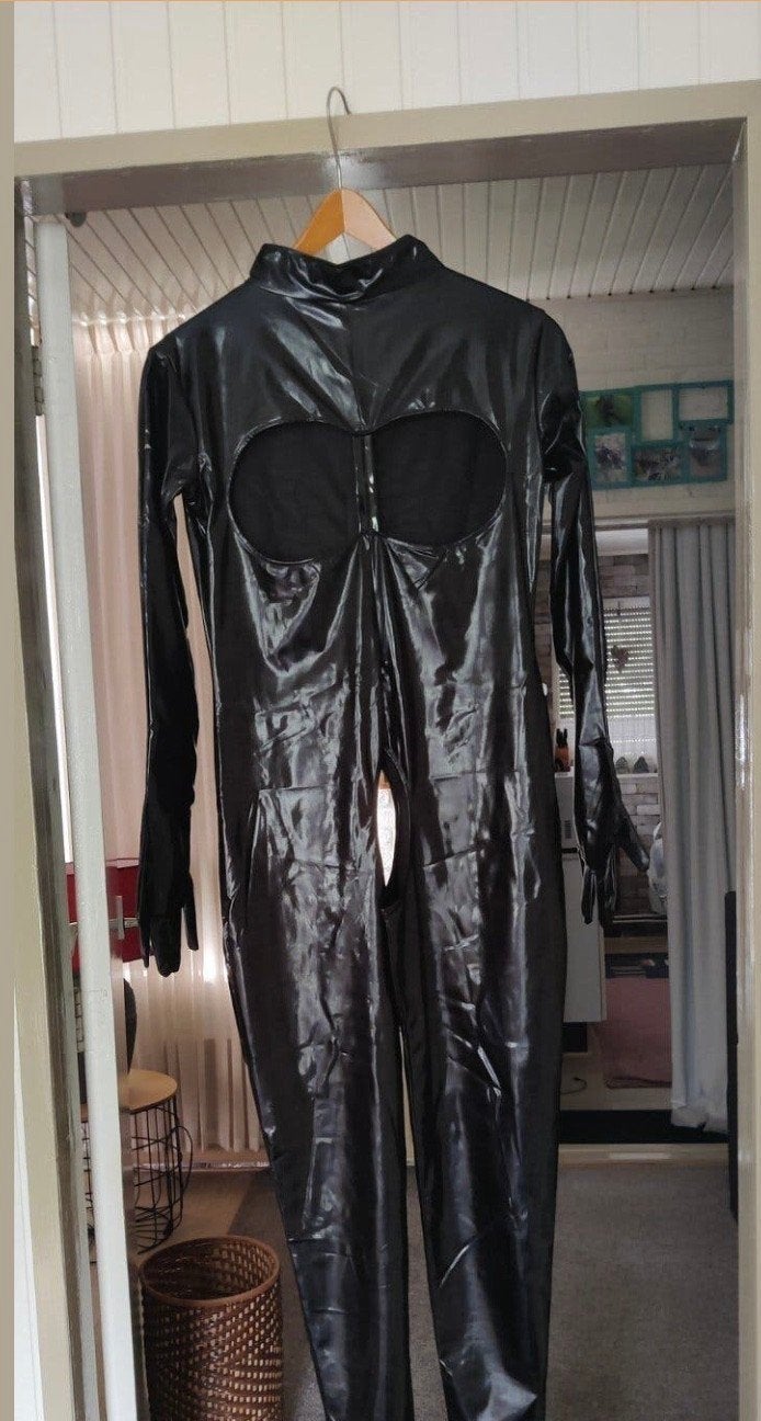 Zwart Lak Catsuit met Open Borsten en Kruis, Maat XL, Ophalen of Verzenden, Zwart, Body of Korset