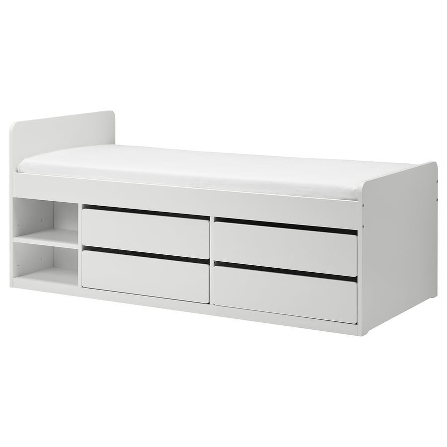 2x Släkt IKEA Eenpersoonsbed met opberglades en planken - wi, Huis en Inrichting, Ophalen, 90 cm, Eenpersoons, Wit